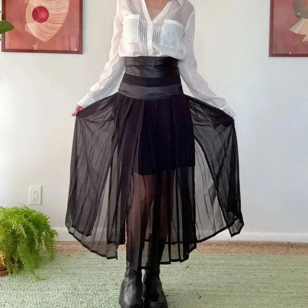 90s Vintage Chiffon Black High Waisted Flow Silky Skirt